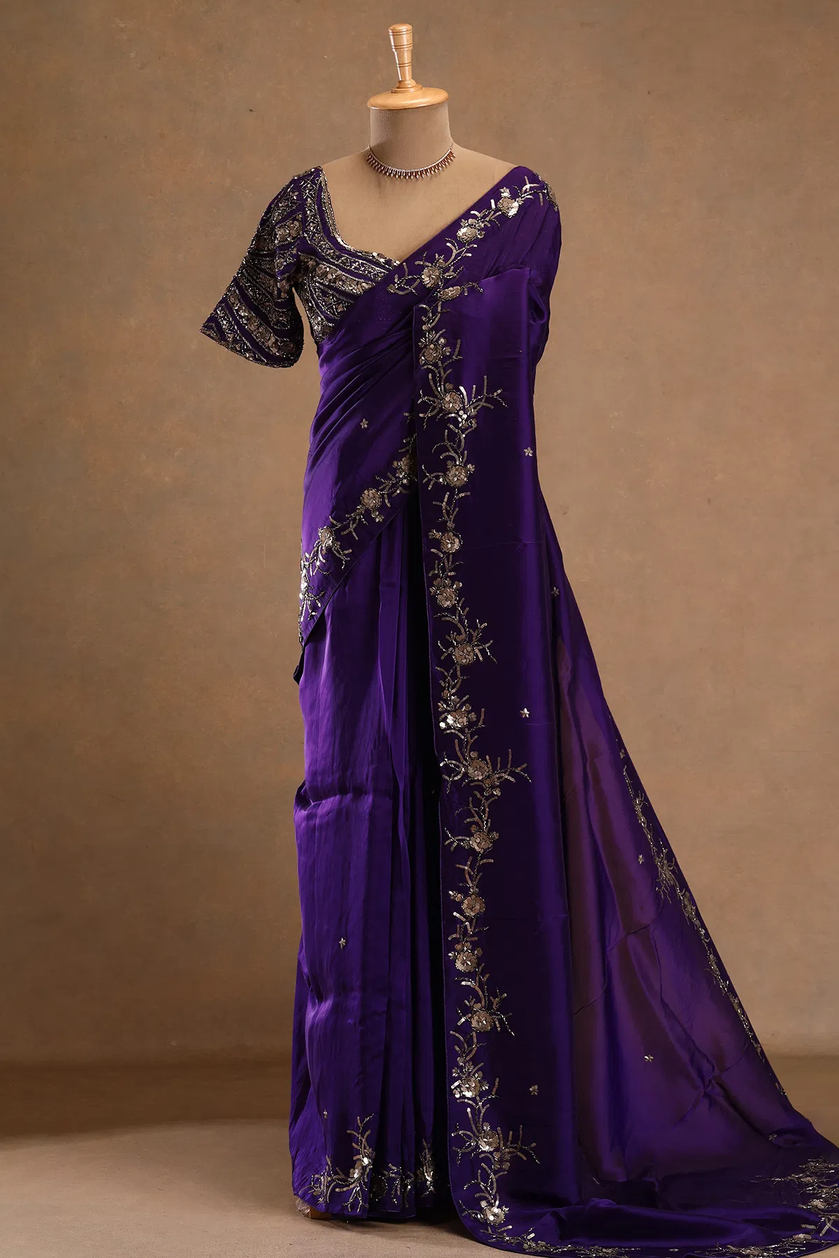 Purple sequins embroidered tissue designer saree